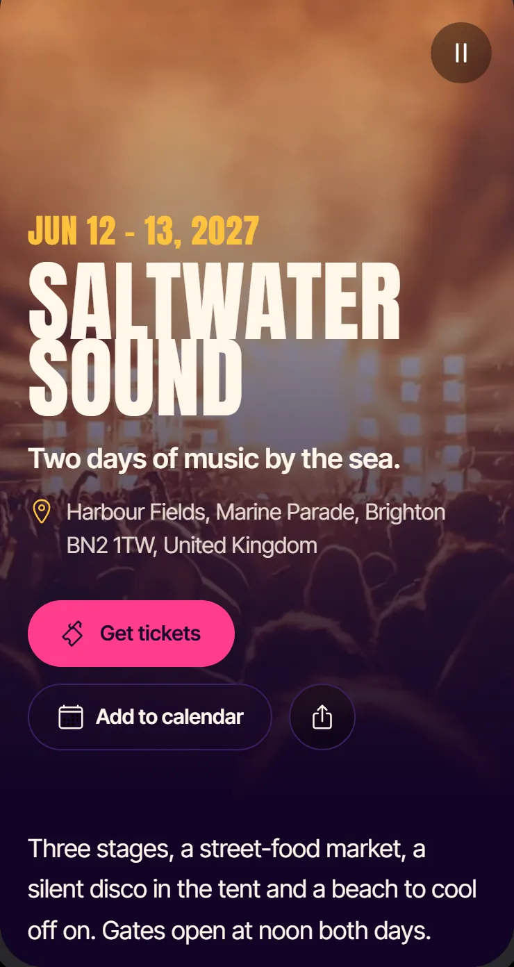 A music festival page with the dates, the venue, a tickets button and add to calendar