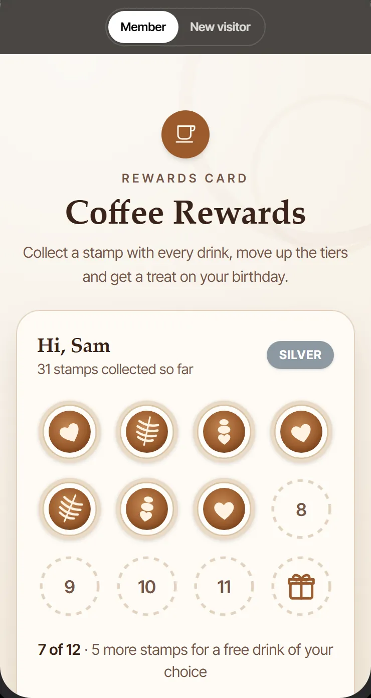 A coffee shop stamp card with 7 of 12 stamps collected