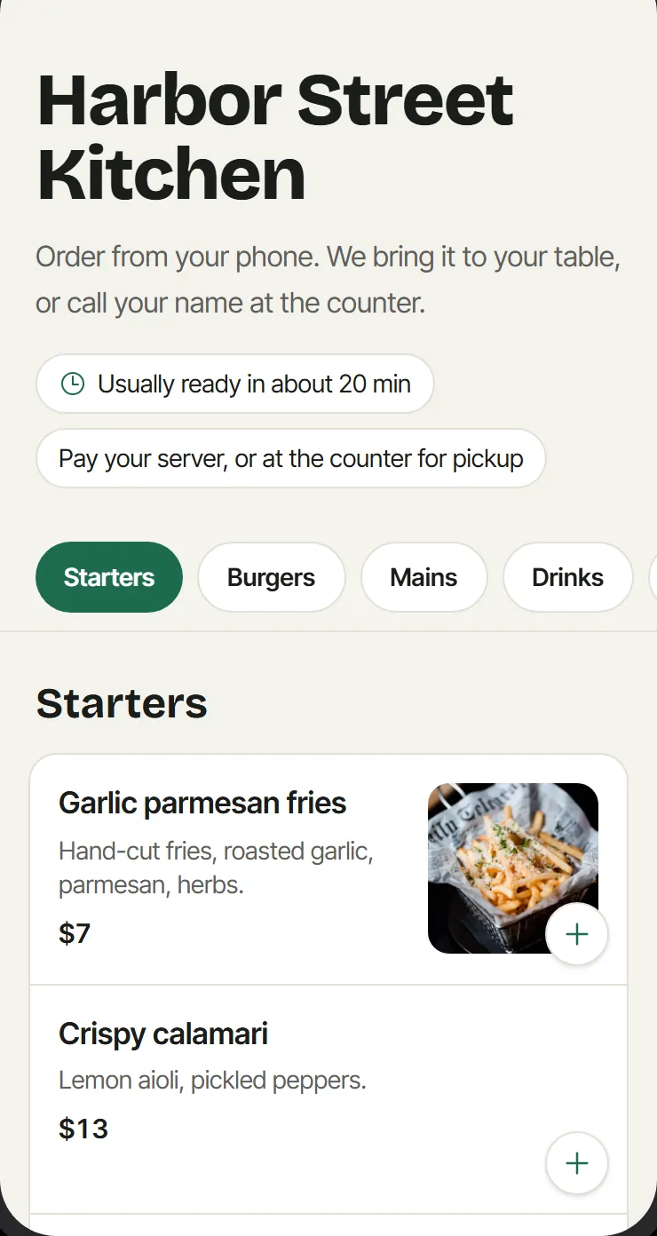 A restaurant ordering page with menu sections, dishes, prices and add buttons