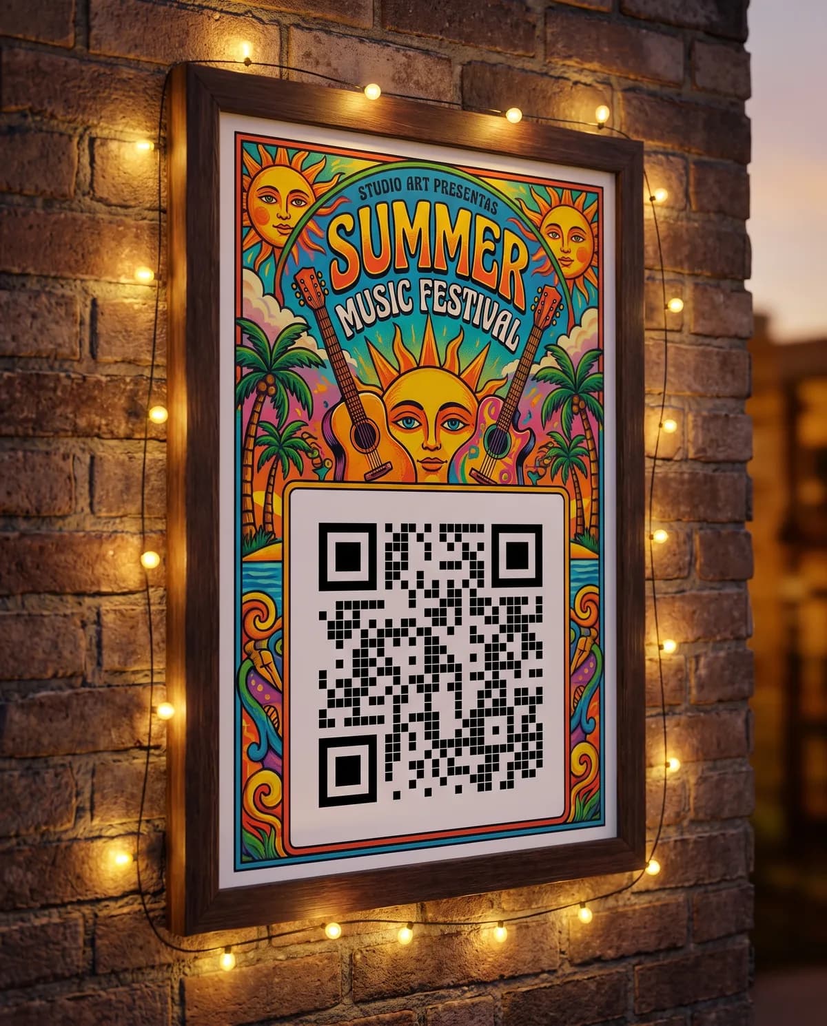 A framed summer music festival poster with a QR code panel, lit by string lights