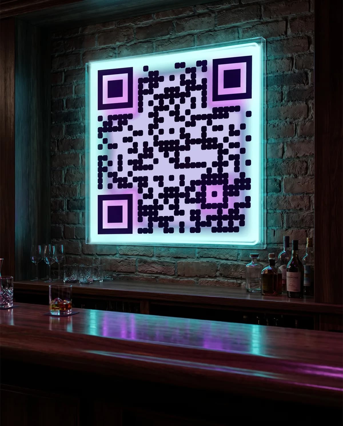 A glowing neon QR code on the wall of a cocktail bar
