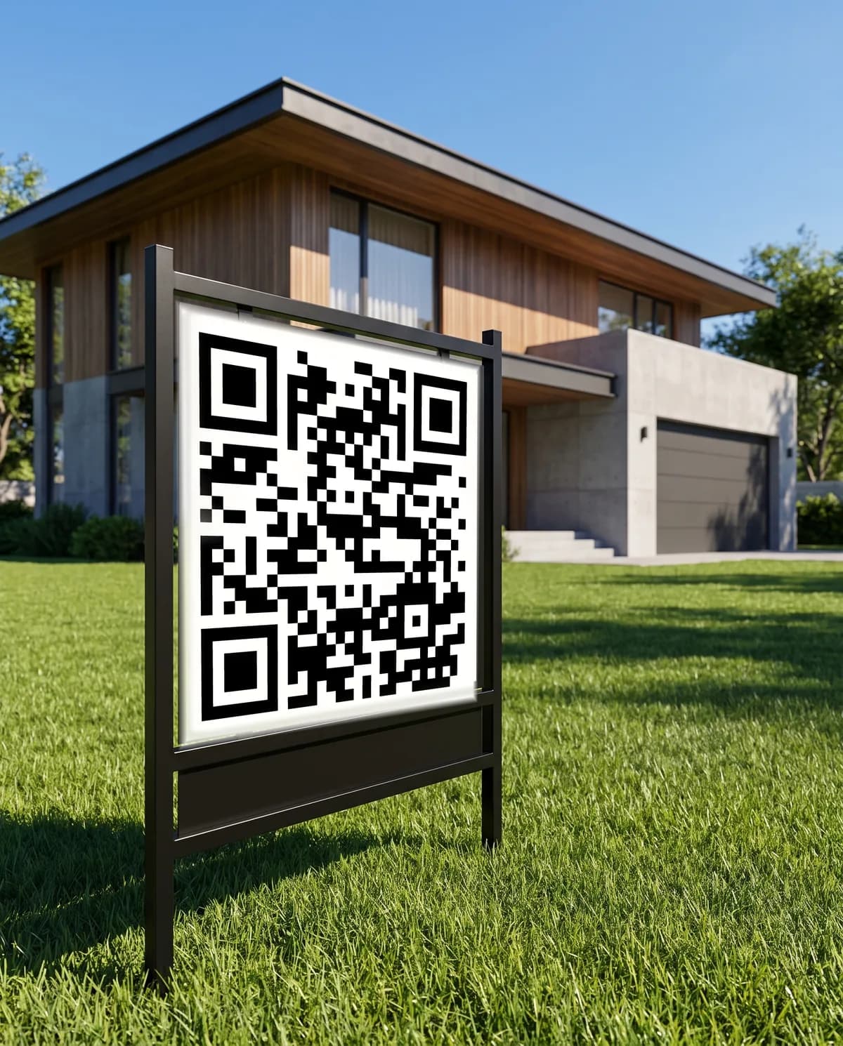 A real estate yard sign with a QR code in front of a modern house