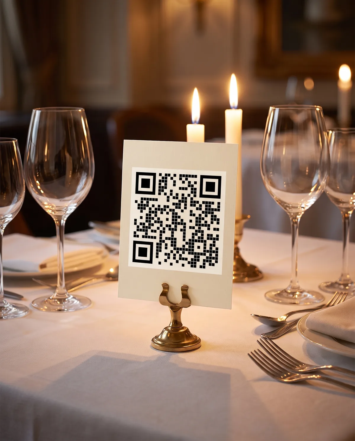 A candlelit restaurant table with a QR code table card